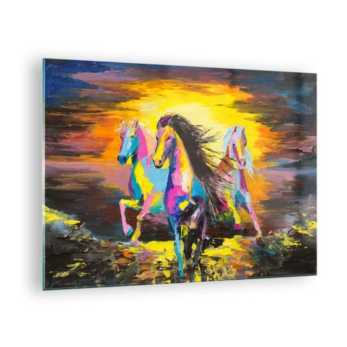 Quadro em vidro - Cavalos coloridos galopando contra o fundo do pôr do sol - 70x50cm - Imersos no arco-íris - Decoração de parede moderna para a sala de estar e quarto ARTTOR