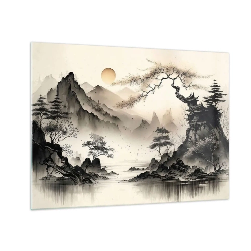 Quadro em vidro - Paisagem montanhosa oriental com um pagode e árvores - 70x50cm - O charme único do Oriente - Decoração de parede moderna para a sala de estar e quarto ARTTOR
