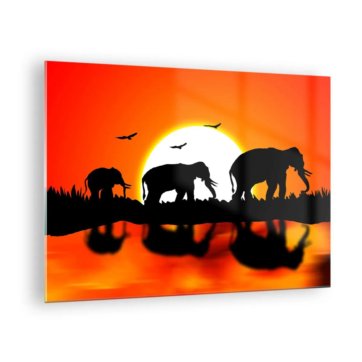 Quadro em vidro - Silhuetas de elefantes contra o pôr do sol - 70x50cm - Uma pequena bebida à noite - Decoração de parede moderna para a sala de estar e quarto ARTTOR
