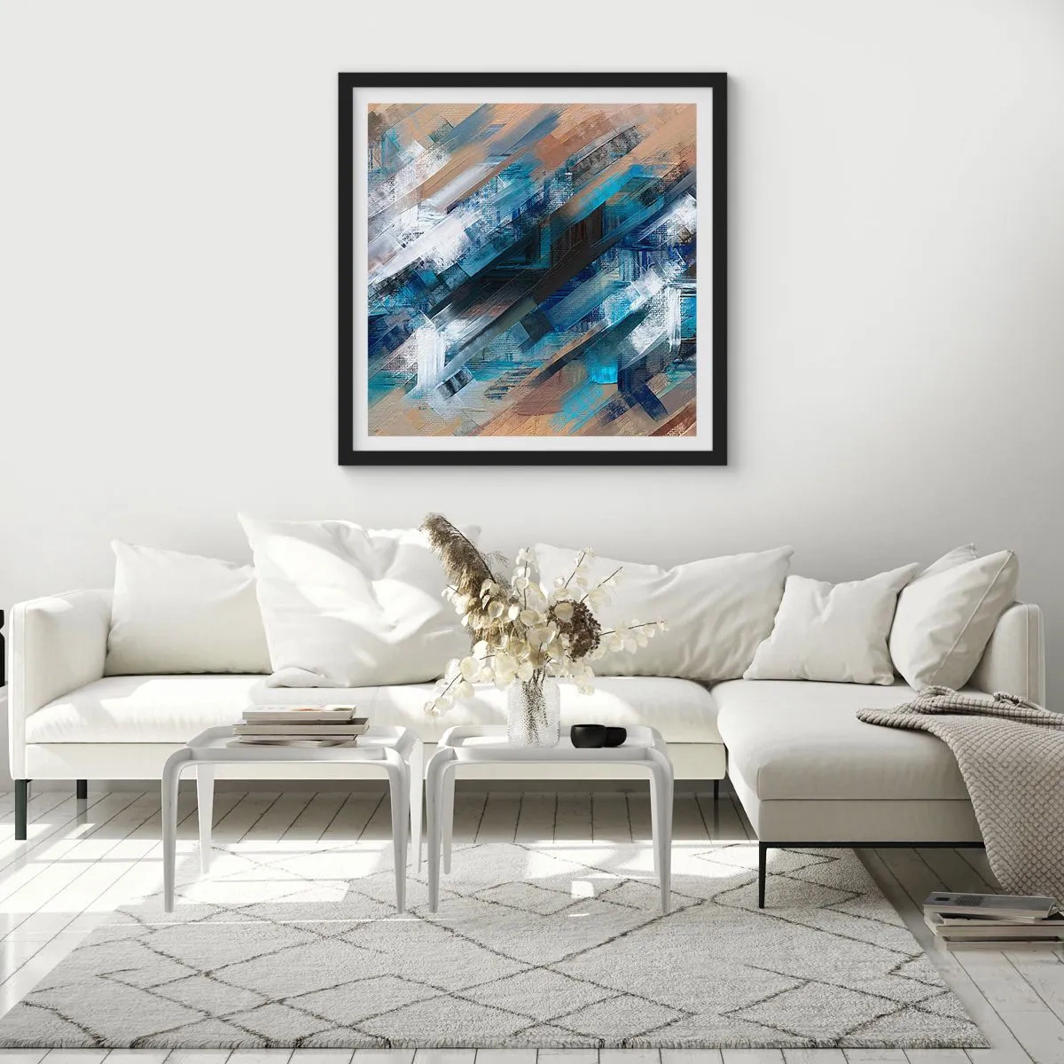 Pôster com moldura preta - Numa diagonal azul - 50x50 cm