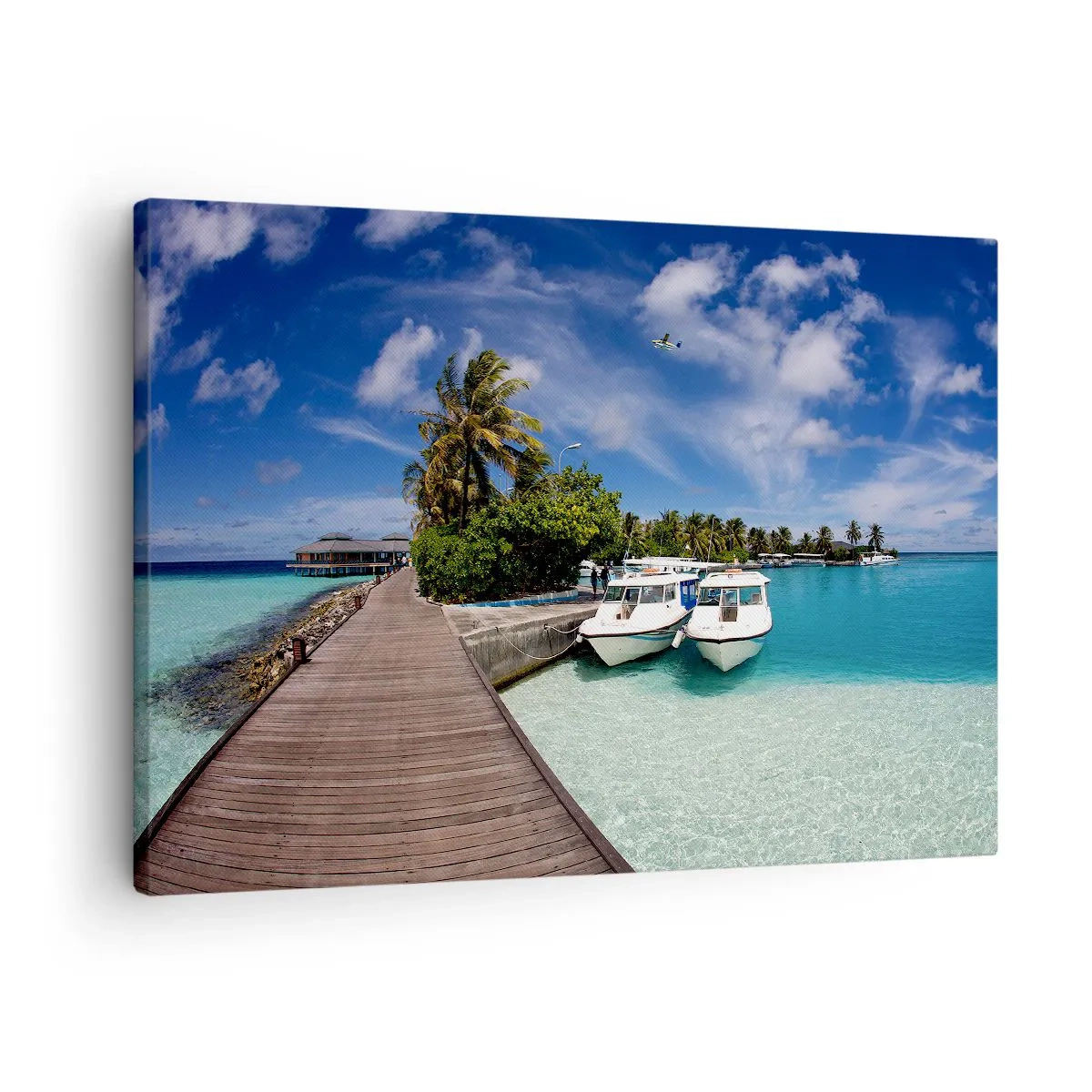 Quadro em tela - Um cais sobre um mar turquesa com barcos e palmeiras - 70x50cm - No entanto, o paraíso existe - Decoração de parede moderna para a sala de estar e quarto ARTTOR