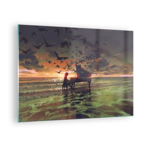 Quadro em vidro - Pianista tocando piano na praia ao pôr do sol - 70x50cm - Um concerto de piano e ondas - Decoração de parede moderna para a sala de estar e quarto ARTTOR