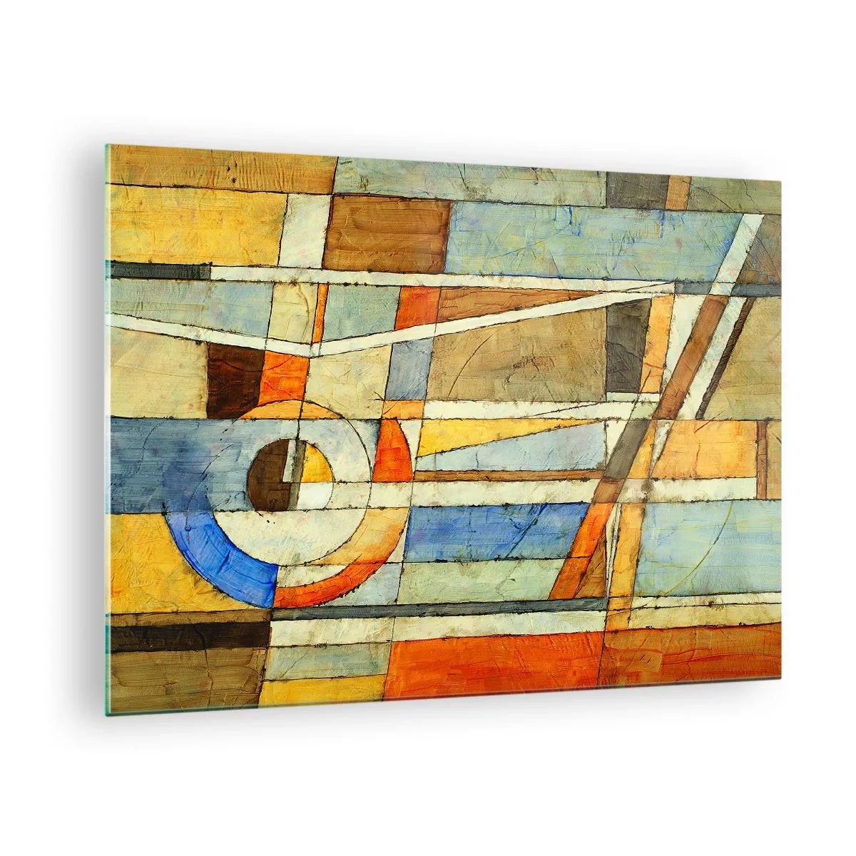Quadro em vidro - Uma composição abstrata com padrões geométricos e cores quentes. - 70x50cm - Cubismo em construção - Decoração de parede moderna para a sala de estar e quarto ARTTOR