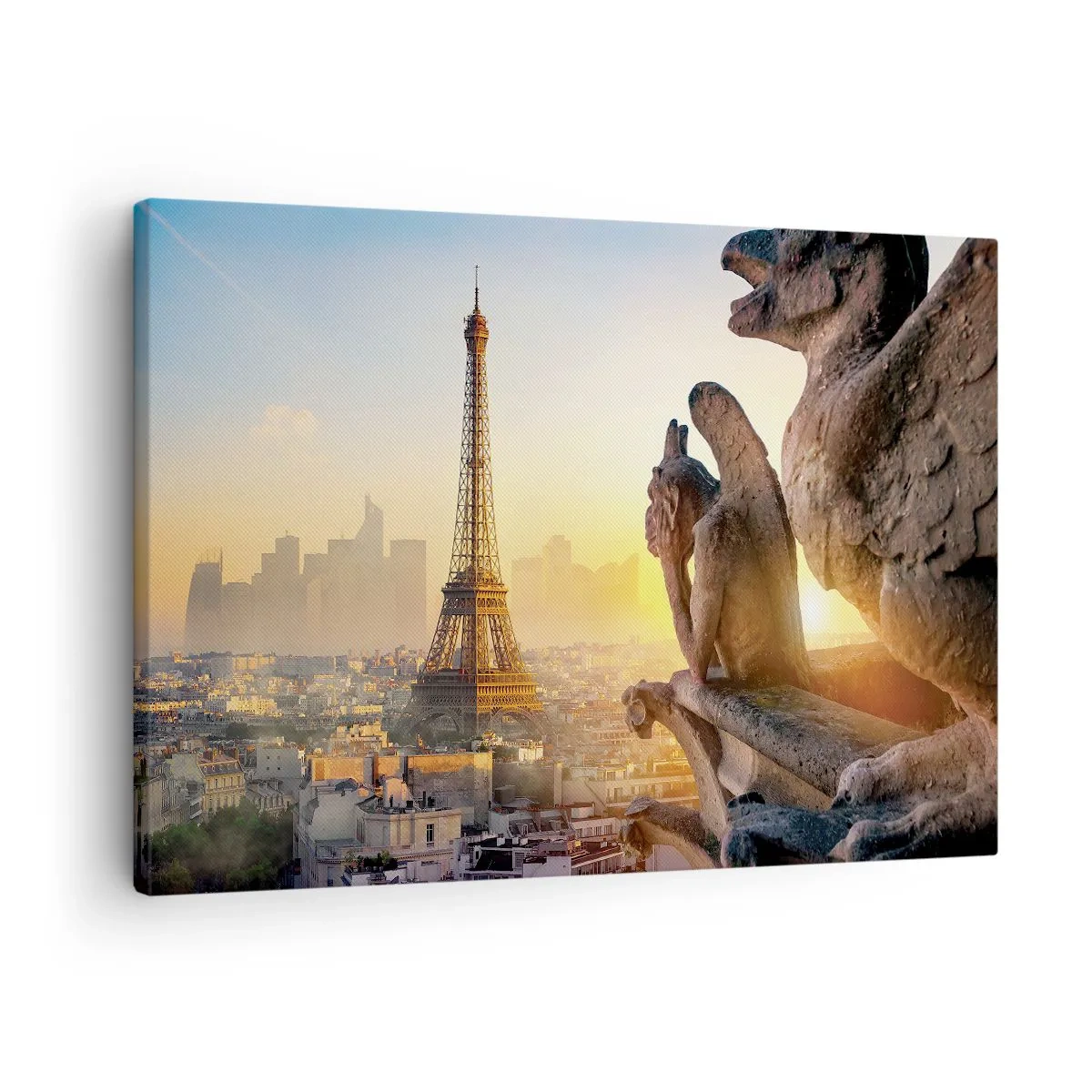 Quadro em tela - Vista da Torre Eiffel com gárgulas ao fundo - 70x50cm - Muita coisa mudou... - Decoração de parede moderna para a sala de estar e quarto ARTTOR