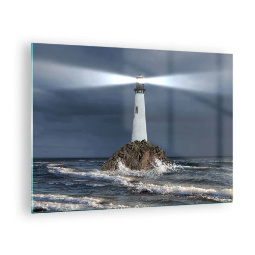 Quadro em vidro - Um farol em uma rocha em meio às ondas fortes à noite - 70x50cm - Aqui... aqui... aqui! - Decoração de parede moderna para a sala de estar e quarto ARTTOR