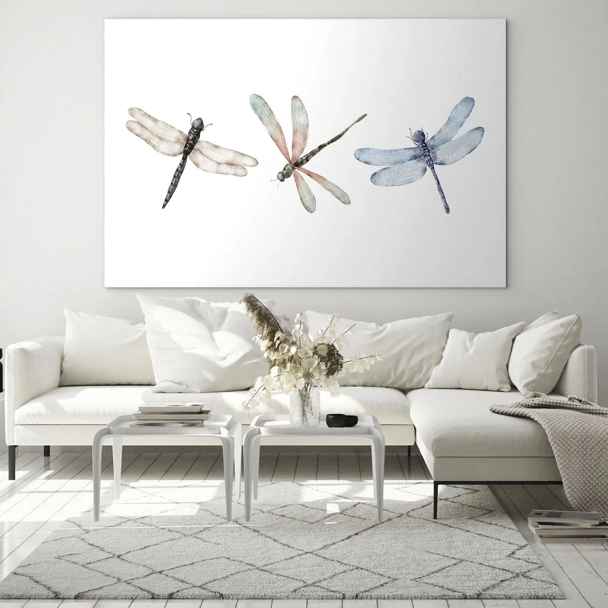 Quadro em vidro - Três libélulas coloridas em um fundo branco em um delicado estilo aquarela - 70x50cm - Libélulas sem peso - Decoração de parede moderna para a sala de estar e quarto ARTTOR