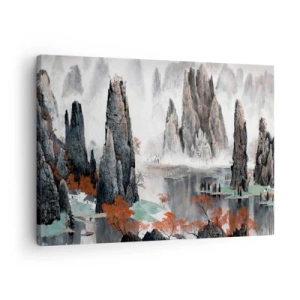 Quadro em tela - Rochas e árvores pitorescas na paisagem enevoada da China - 70x50cm - Poderosos guardiões  - Decoração de parede moderna para a sala de estar e quarto ARTTOR