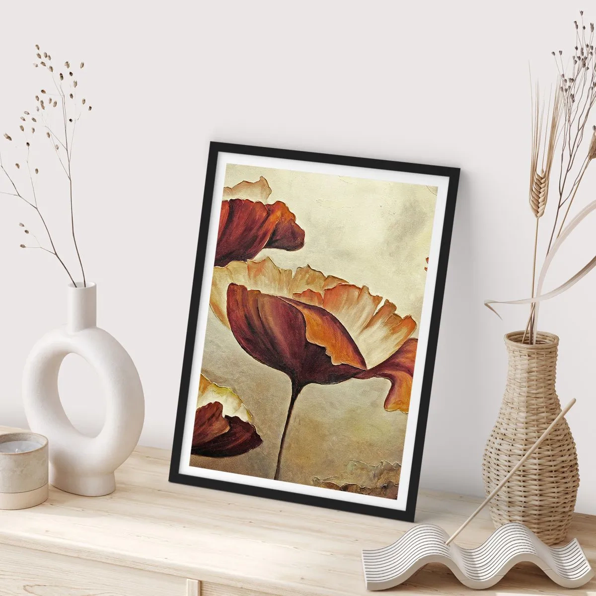 Pôster com moldura preta - Uma imagem de papoulas em tons quentes - 50x70cm - Prados e pradarias - Decoração de parede moderna para a sala de estar e quarto ARTTOR