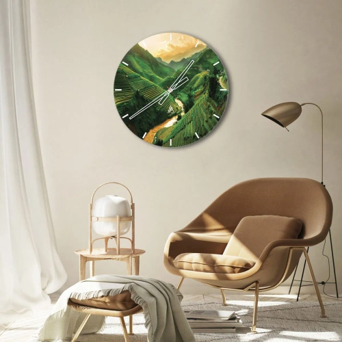 Relógio de parede - Relógio em vidro - Terraços de arroz entre as montanhas ao pôr do sol - 30x30cm - Vale vietnamita - Decoração de parede moderna para a sala de estar, cozinha e quarto ARTTOR
