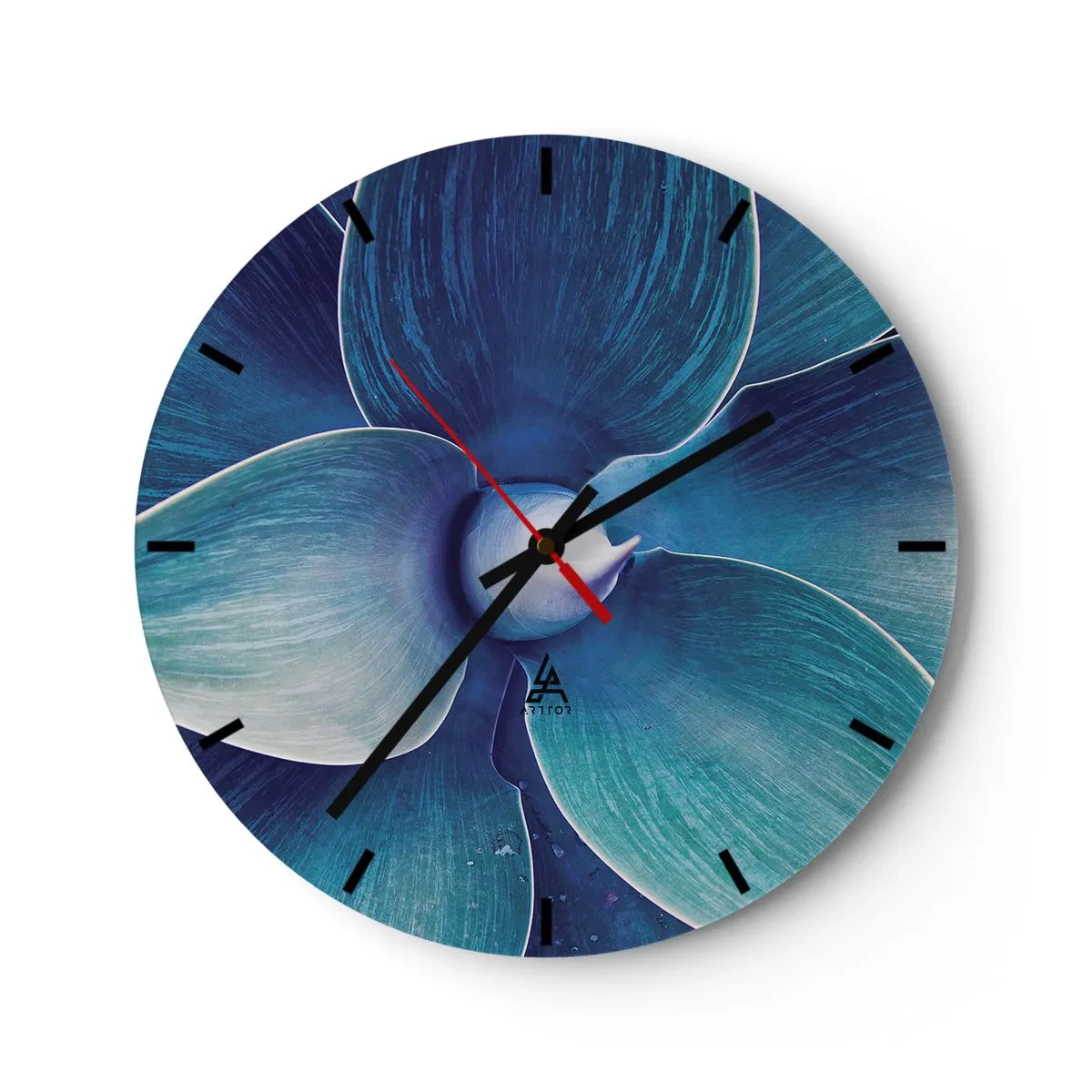 Relógio de parede - Relógio em vidro - Detalhe de planta azul com forma abstrata - 30x30cm - O azul do céu - Decoração de parede moderna para a sala de estar, cozinha e quarto ARTTOR