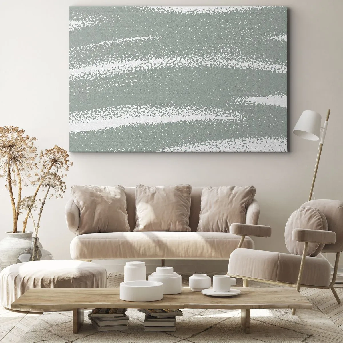 Quadro em tela - Ondas de inverno em tons de menta e branco - 70x50cm - Abstração em um clima de inverno - Decoração de parede moderna para a sala de estar e quarto ARTTOR