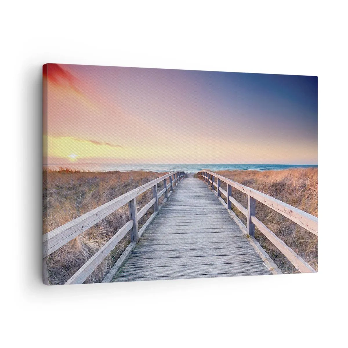 Quadro em tela - Um cais de madeira que leva à praia ao pôr do sol com o céu pintado em tons pastéis. - 70x50cm - Aurora da noite do Báltico - Decoração de parede moderna para a sala de estar e quarto ARTTOR