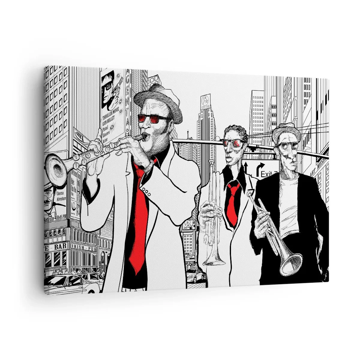 Quadro em tela - Ilustração de músicos de jazz em um cenário urbano - 70x50cm - Rapsódia urbana a preto e vermelho - Decoração de parede moderna para a sala de estar e quarto ARTTOR
