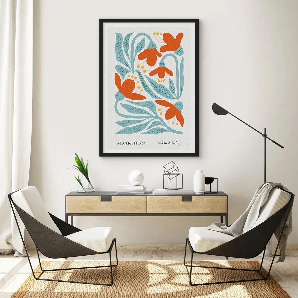 Pôster com moldura preta - Flores decorativas em tons de laranja e azul - 50x70cm - Em direção à terra, em direção ao sol - Decoração de parede moderna para a sala de estar e quarto ARTTOR