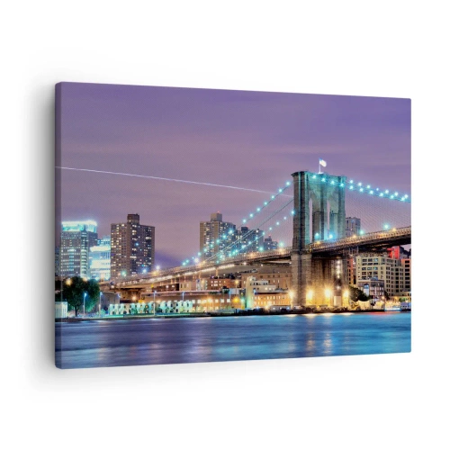 Quadro em tela - Ponte do Brooklyn à noite com a cidade iluminada ao fundo - 70x50cm - Por muitos anos, a Ponte do Brooklyn - Decoração de parede moderna para a sala de estar e quarto ARTTOR