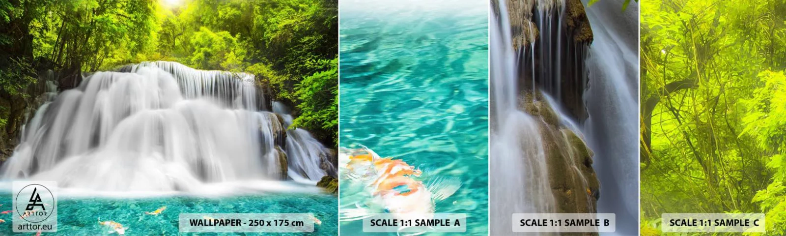 Amostra de papel de parede autocolante Deluxe Sticker - Cascata espumosa do verde ao azul - Paisagem, Cachoeira, Parque Nacional - 100x30 cm