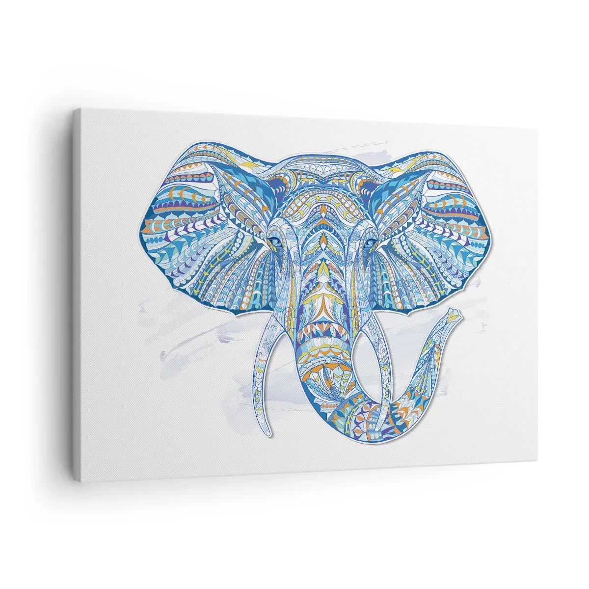 Quadro em tela - Elefante geométrico em tons de azul e dourado - 70x50cm - Incrustado com ouro e azul - Decoração de parede moderna para a sala de estar e quarto ARTTOR