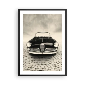 Pôster com moldura preta - A frente de um carro clássico em uma rua de paralelepípedos - 50x70cm - E como não me amar? - Decoração de parede moderna para a sala de estar e quarto ARTTOR