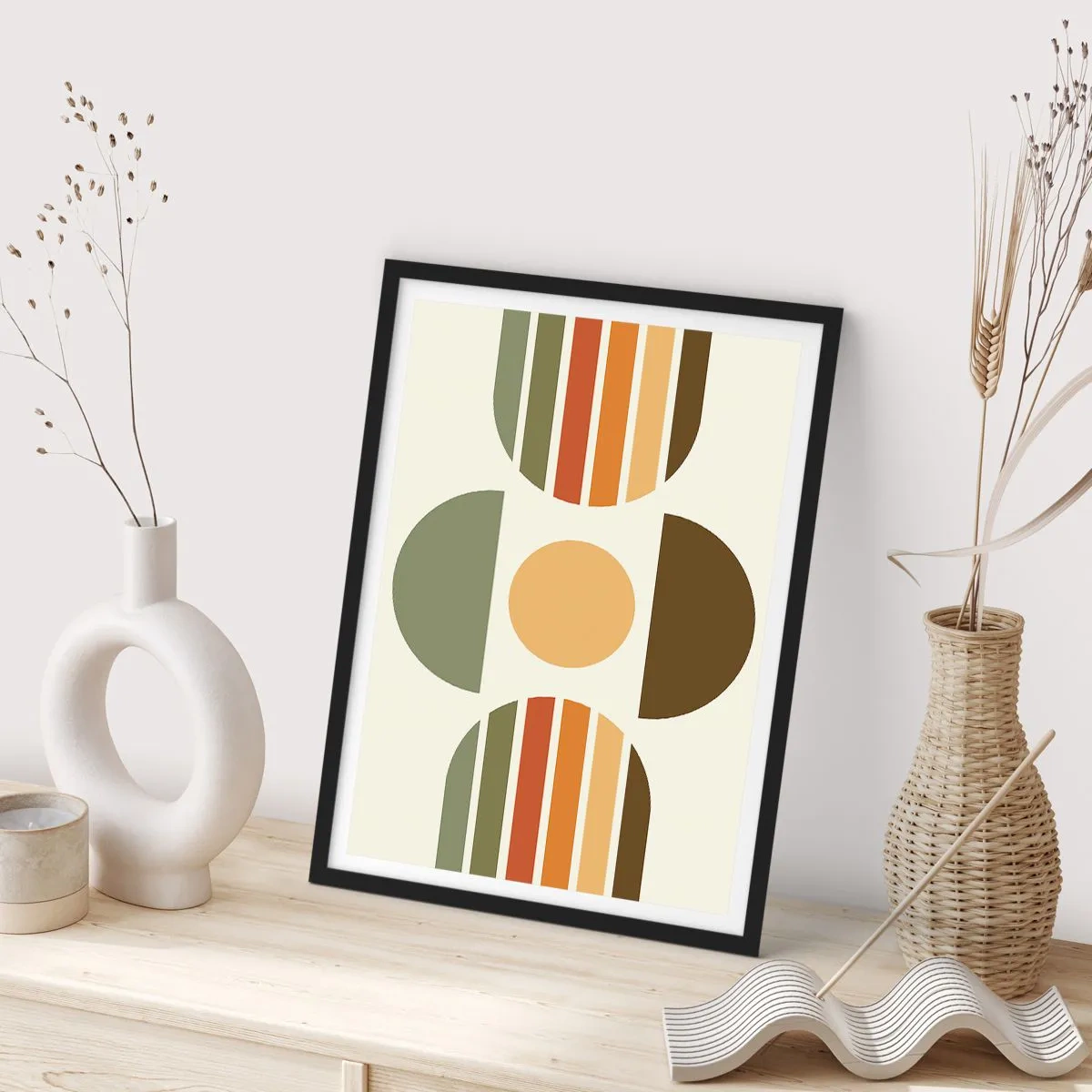 Pôster com moldura preta - Padrão geométrico abstrato em tons de terra com círculos e semicírculos - 50x70cm - Em tons terrosos - Decoração de parede moderna para a sala de estar e quarto ARTTOR