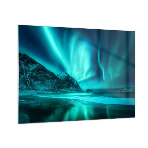 Quadro em vidro - Aurora Boreal sobre uma paisagem montanhosa e mar congelado - 70x50cm - Maravilhas do Norte - Decoração de parede moderna para a sala de estar e quarto ARTTOR
