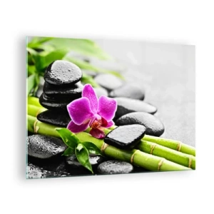Quadro em vidro - Orquídea, pedras pretas e bambu em um arranjo tranquilo - 70x50cm - Calmo equilíbrio - Decoração de parede moderna para a sala de estar e quarto ARTTOR