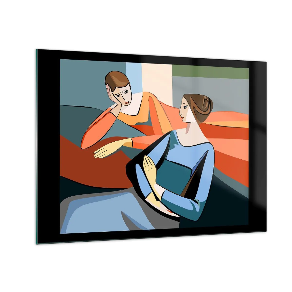 Quadro em vidro - Uma cena geométrica de uma conversa entre duas mulheres tendo como pano de fundo um interior. - 70x50cm - Um momento de confiança - Decoração de parede moderna para a sala de estar e quarto ARTTOR