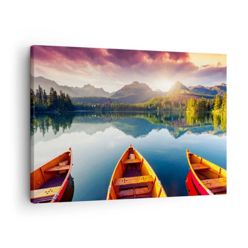 Quadro em tela - Três barcos de madeira tendo como pano de fundo um lago de montanha ao pôr do sol - 70x50cm - Nada contra a natureza - Decoração de parede moderna para a sala de estar e quarto ARTTOR