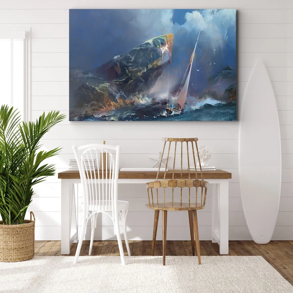 Quadro em tela - Um veleiro em uma tempestade ao pé de uma rocha enorme - 70x50cm - Quem tem coragem ganha - Decoração de parede moderna para a sala de estar e quarto ARTTOR