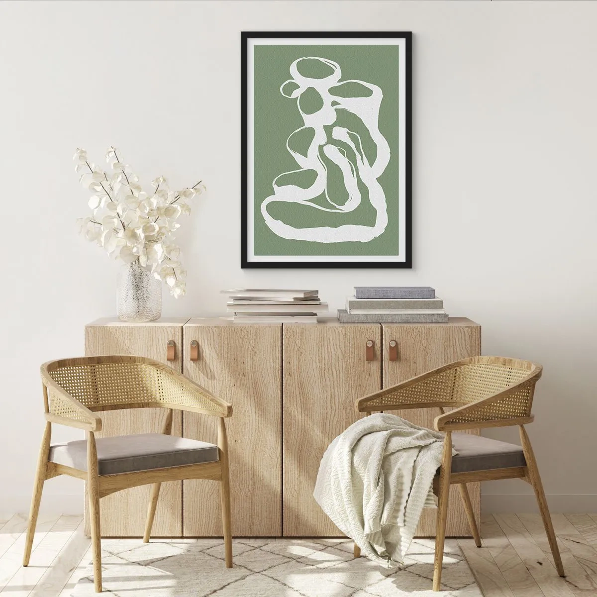 Pôster com moldura preta - Composição abstrata branca sobre fundo verde - 50x70cm - A chamada do espaço - Decoração de parede moderna para a sala de estar e quarto ARTTOR