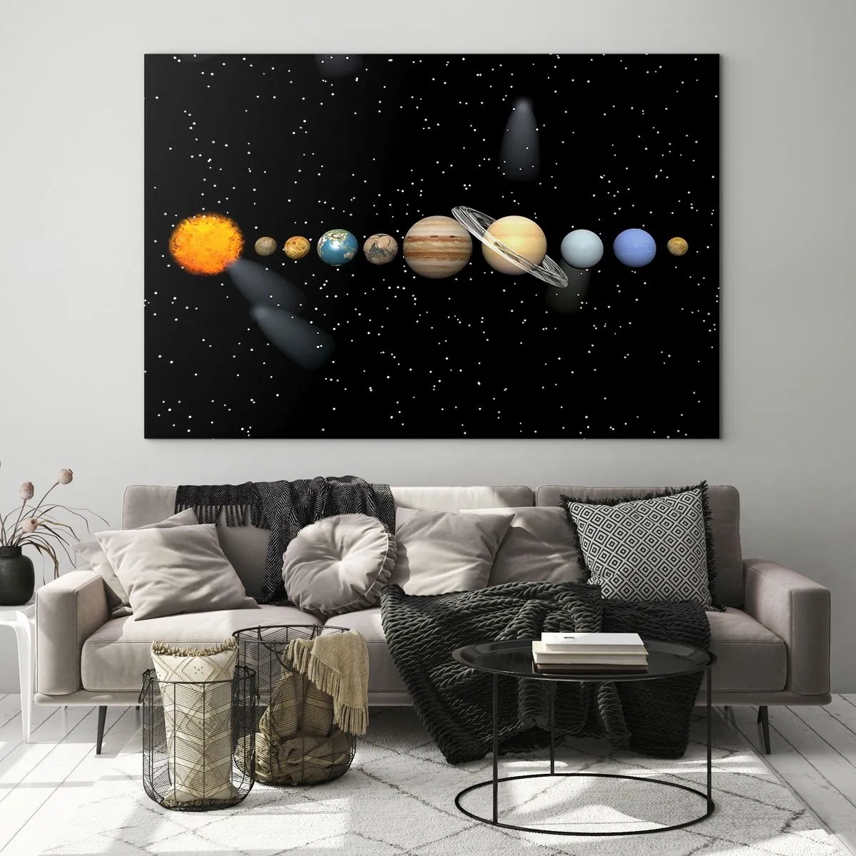 Quadro em vidro - O Sistema Solar contra o fundo de estrelas no espaço - 70x50cm - E os planetas estão a enlouquecer... - Decoração de parede moderna para a sala de estar e quarto ARTTOR