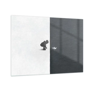 Quadro em vidro - Silhueta de uma criança lançando um barquinho de papel na água - 70x50cm - Grande expedição - Decoração de parede moderna para a sala de estar e quarto ARTTOR