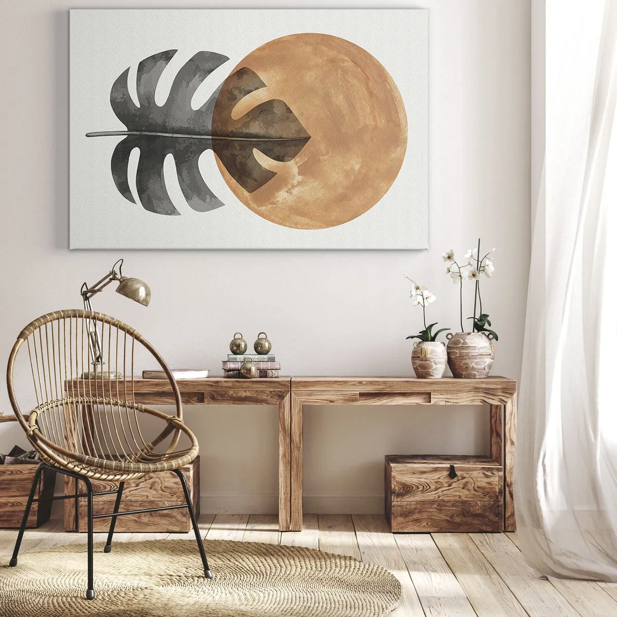 Quadro em tela - Folha de Monstera e círculo dourado em fundo claro - 70x50cm - Sempre o sol - Decoração de parede moderna para a sala de estar e quarto ARTTOR