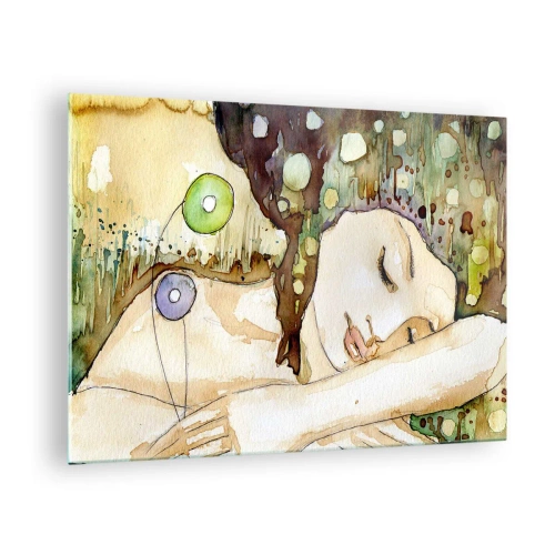 Quadro em vidro - Uma mulher dormindo em uma pintura artística em aquarela com cores quentes. - 70x50cm - Um sonho Violeta Esmeralda - Decoração de parede moderna para a sala de estar e quarto ARTTOR