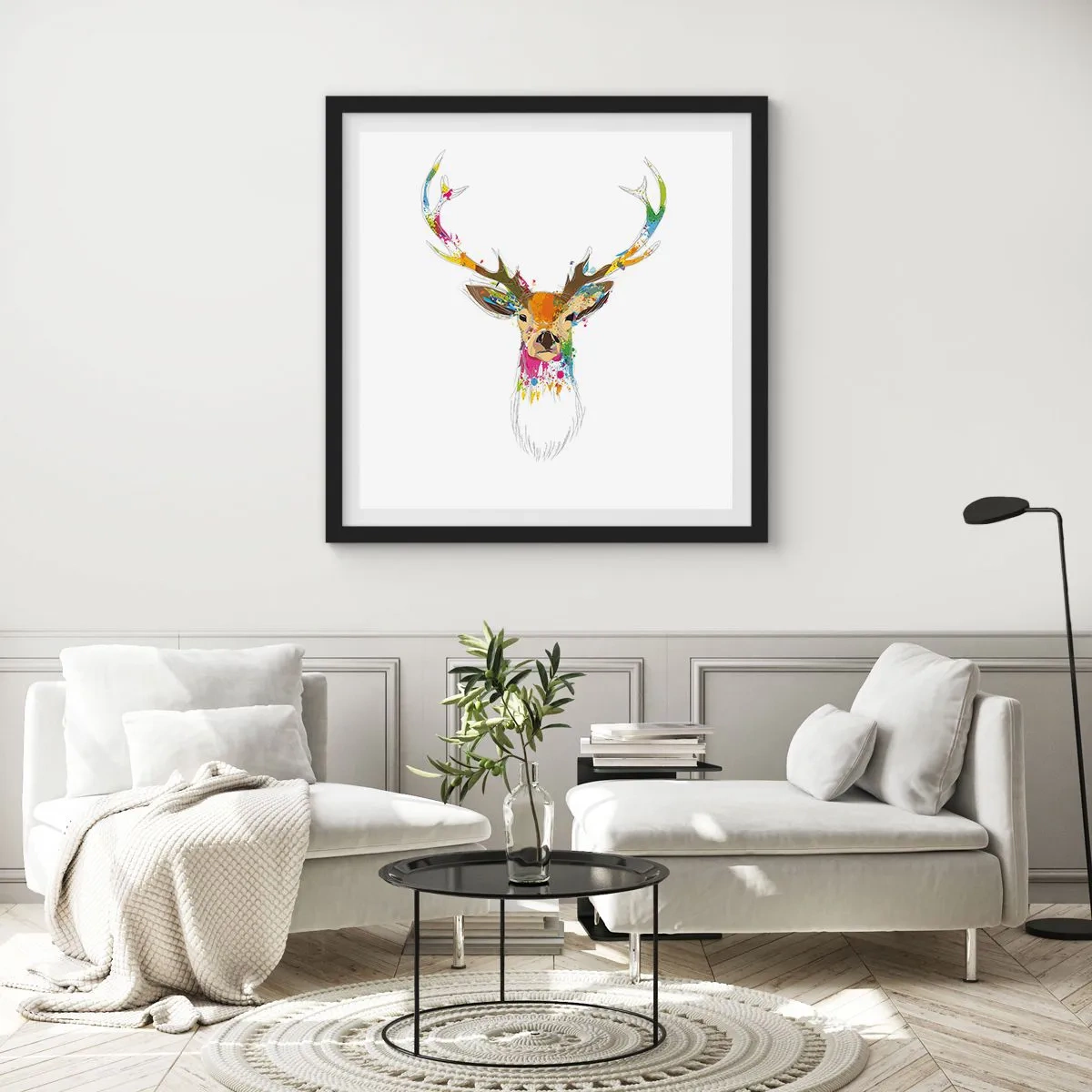 Pôster com moldura preta - Um cervo gentil banhado em cores - 60x60 cm