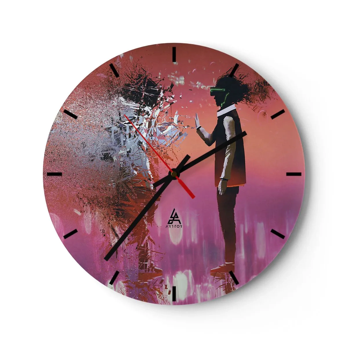 Relógio de parede - Relógio em vidro - Um personagem com óculos de realidade virtual em um mundo futurista e rosa - 30x30cm - É possível olhar para dentro de si mesmo? - Decoração de parede moderna para a sala de estar, cozinha e quarto ARTTOR