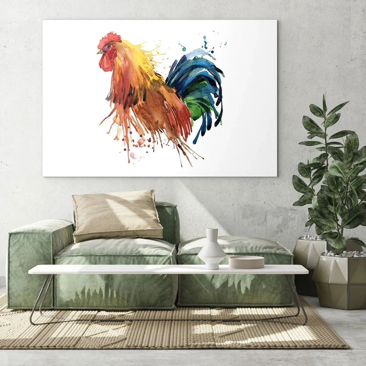Quadro em vidro - Galo em aquarela em cores vivas sobre fundo branco - 70x50cm - Manto real, orgulho real - Decoração de parede moderna para a sala de estar e quarto ARTTOR