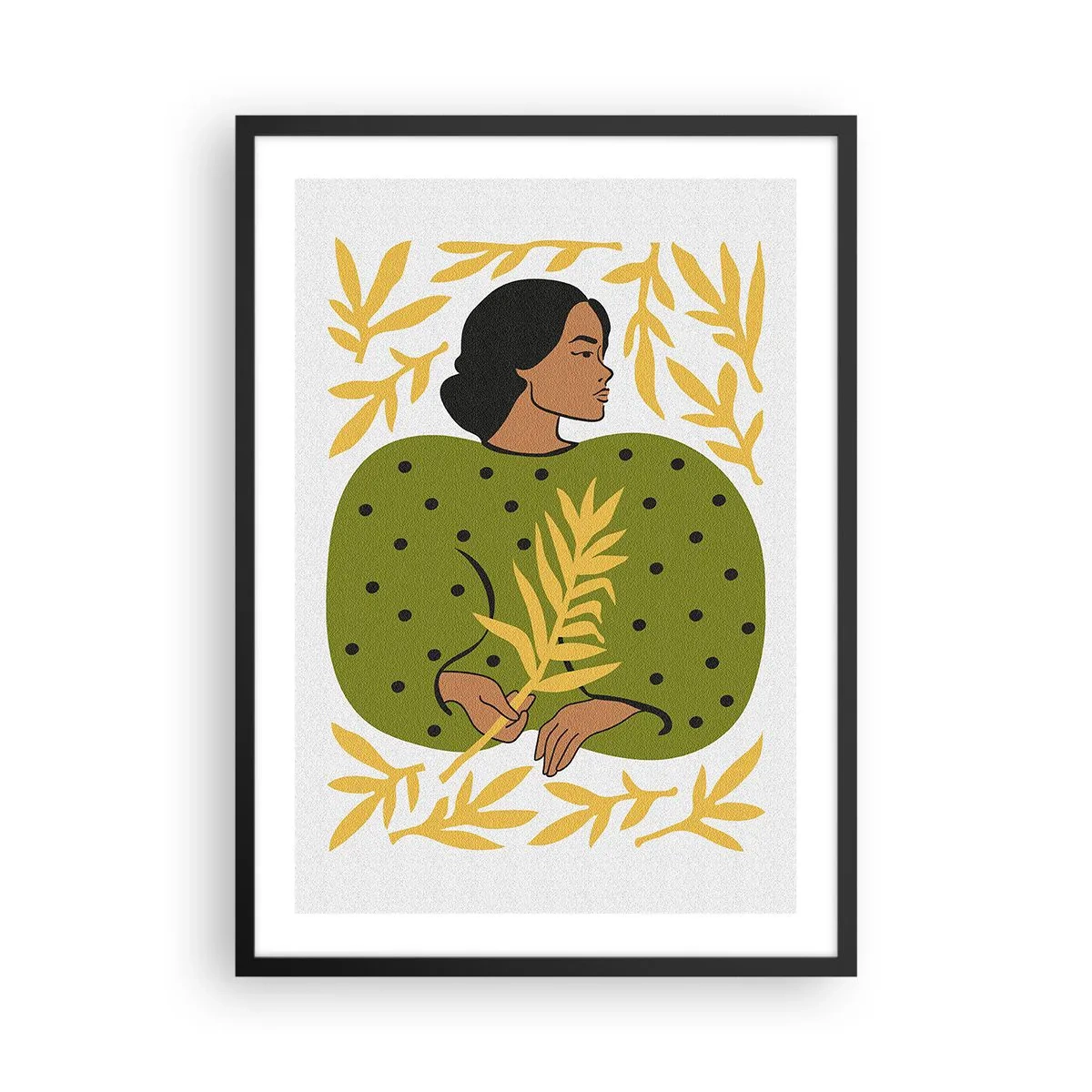 Pôster com moldura preta - Retrato de uma mulher com um vestido verde com uma folha amarela, com um padrão delicado - 50x70cm - Rapariga havaiana - Decoração de parede moderna para a sala de estar e quarto ARTTOR