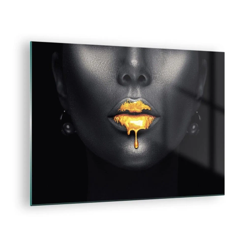 Quadro em vidro - Retrato em preto e dourado de uma mulher com lábios brilhantes - 70x50cm - Boca dourada - Decoração de parede moderna para a sala de estar e quarto ARTTOR