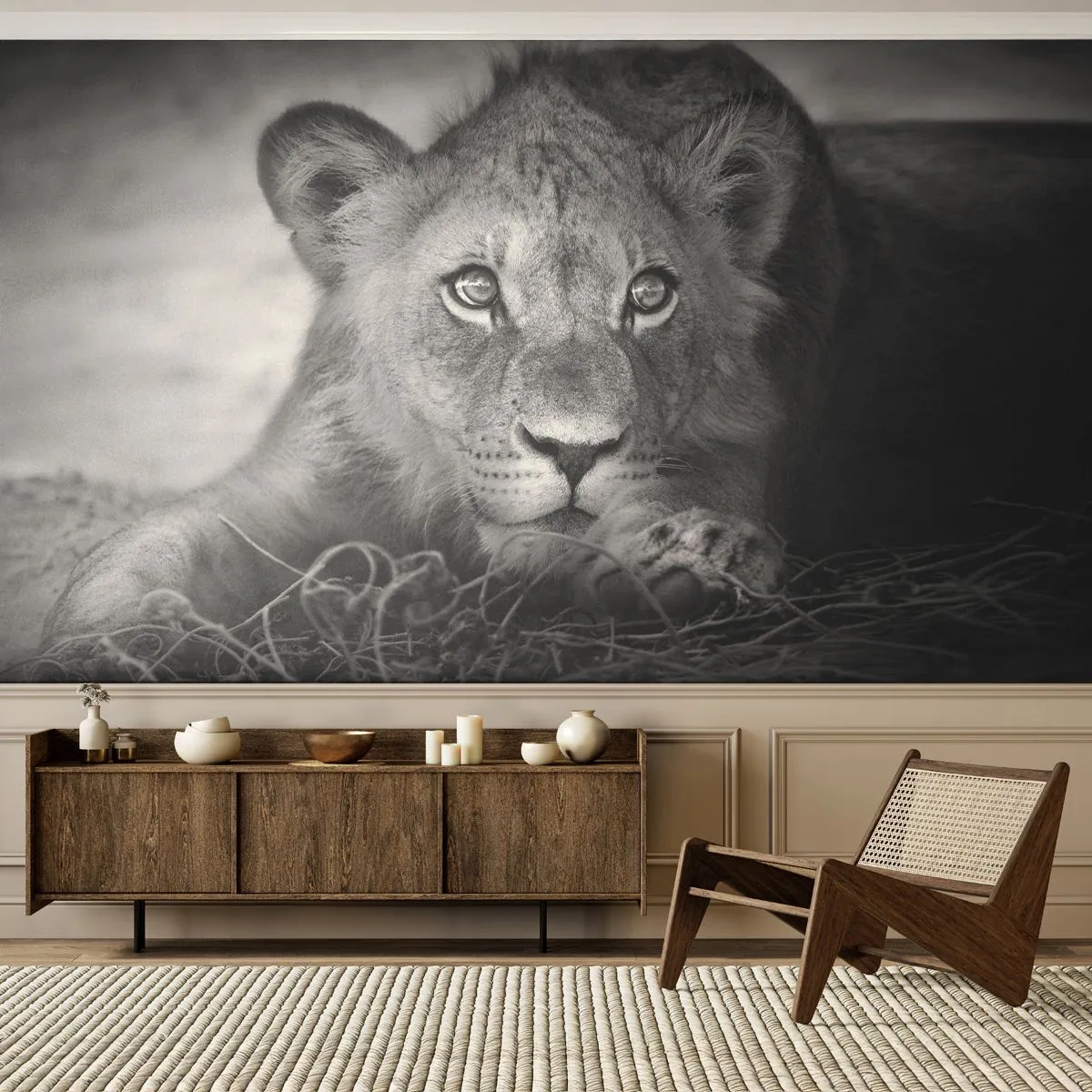 Papel de Parede Autocolante Deluxe Sticker - Cachorro real - Animais, Leão, Preto e branco - 250x175 cm
