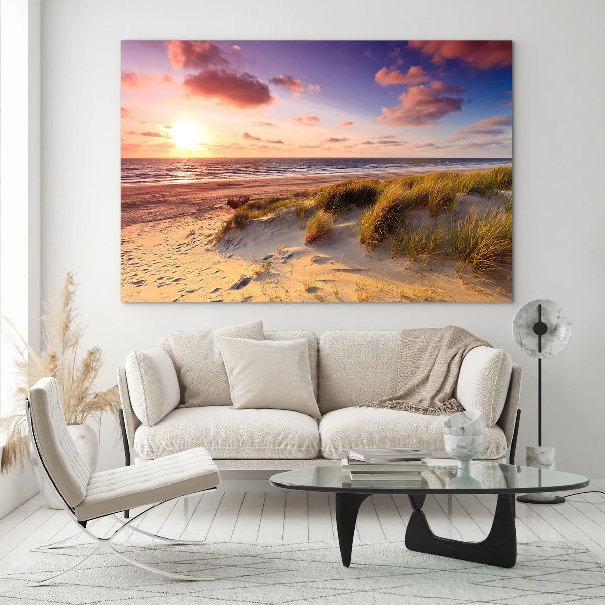 Quadro em vidro - Praia com dunas ao pôr do sol - 70x50cm - Ar com cheiro de verão - Decoração de parede moderna para a sala de estar e quarto ARTTOR
