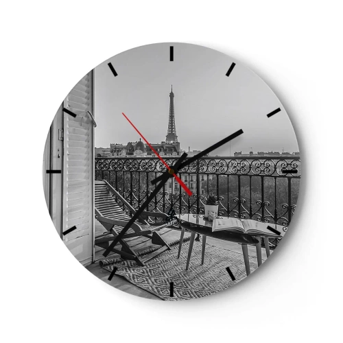 Relógio de parede - Relógio em vidro - Vista da sacada da Torre Eiffel em preto e branco - 30x30cm - Tarde de Paris - Decoração de parede moderna para a sala de estar, cozinha e quarto ARTTOR