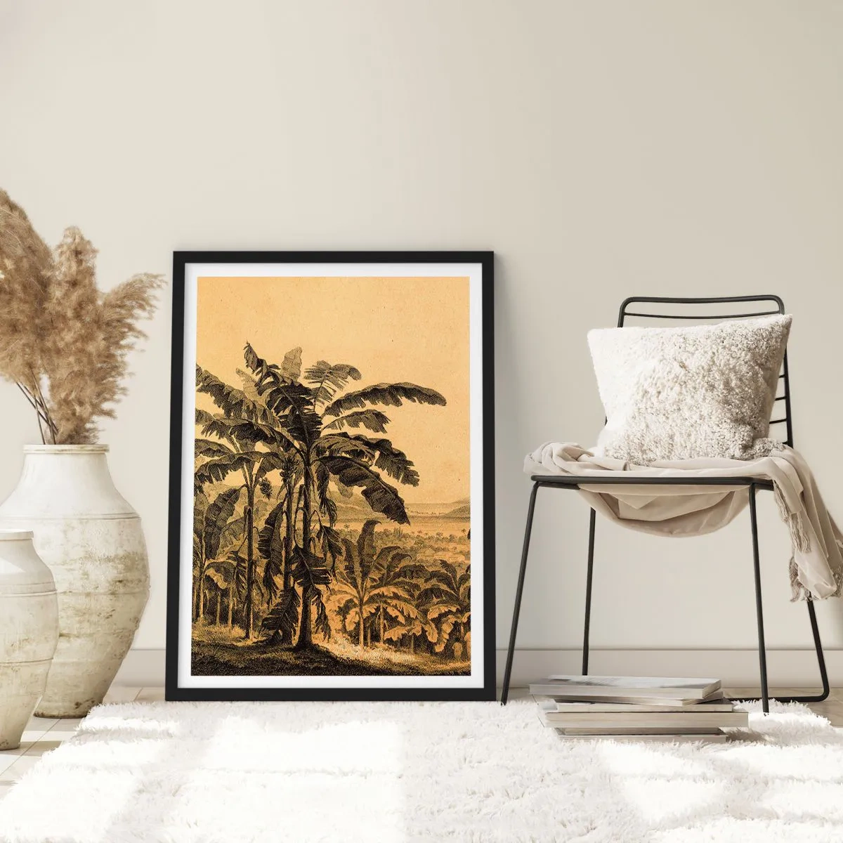 Pôster com moldura preta - Ilustração de palmeiras contra um fundo de paisagem tropical - 50x70cm - num clima colonial - Decoração de parede moderna para a sala de estar e quarto ARTTOR
