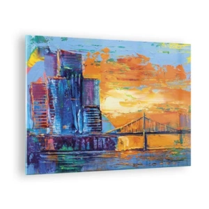 Quadro em vidro - A cidade colorida e a ponte sob o brilho do pôr do sol - 70x50cm - Cultura e natureza - Decoração de parede moderna para a sala de estar e quarto ARTTOR