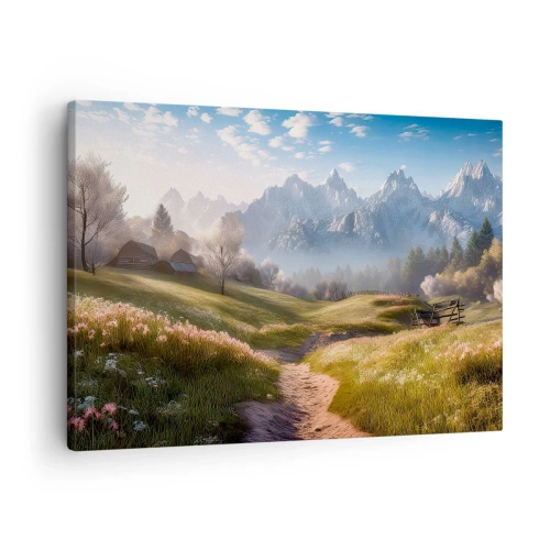Quadro em tela - Um vale montanhoso com prados, cabanas e vista para os picos - 70x50cm - Vale idílico - Decoração de parede moderna para a sala de estar e quarto ARTTOR