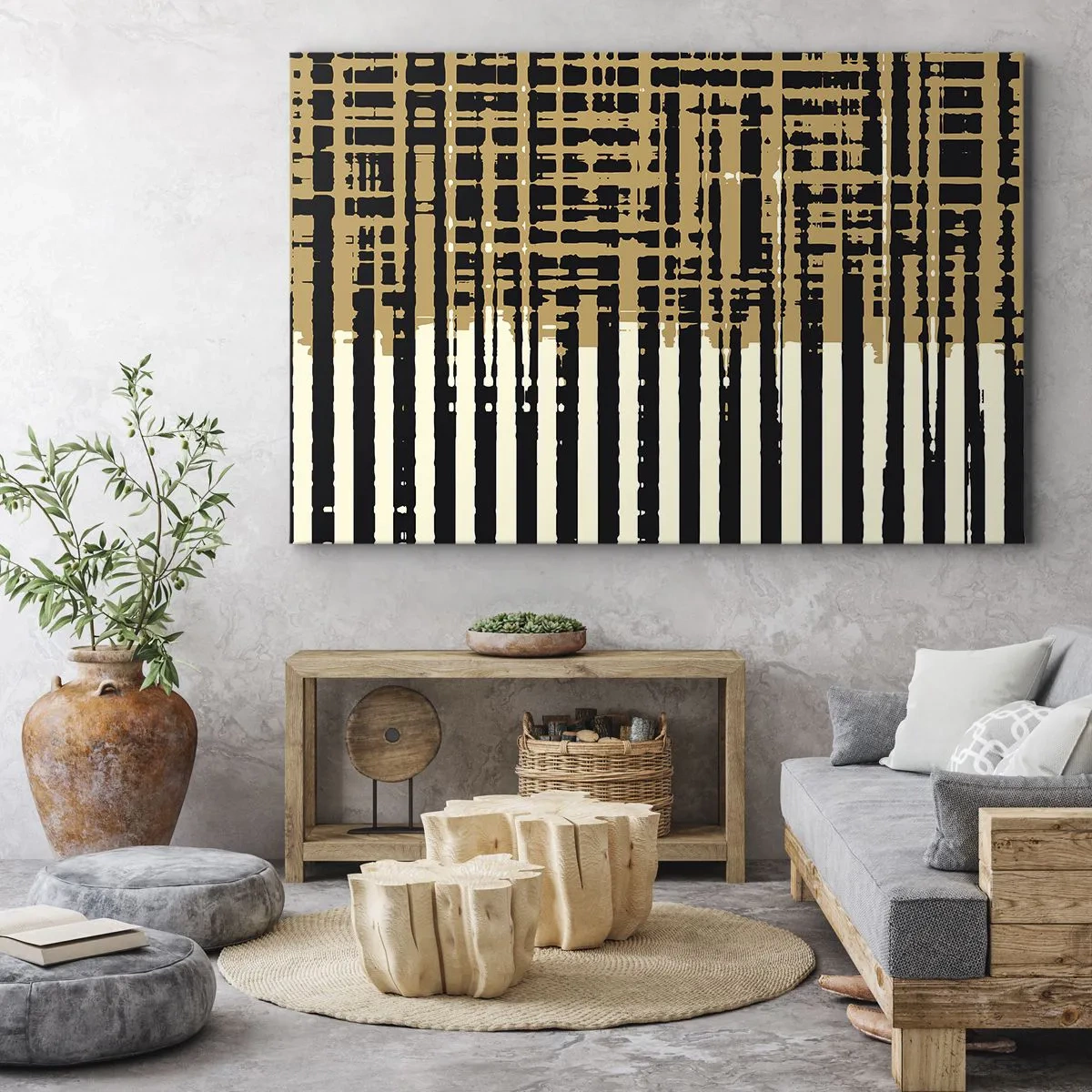 Quadro em tela - Linhas abstratas em preto, bege e branco - 70x50cm - Abstração arquitetónica - Decoração de parede moderna para a sala de estar e quarto ARTTOR