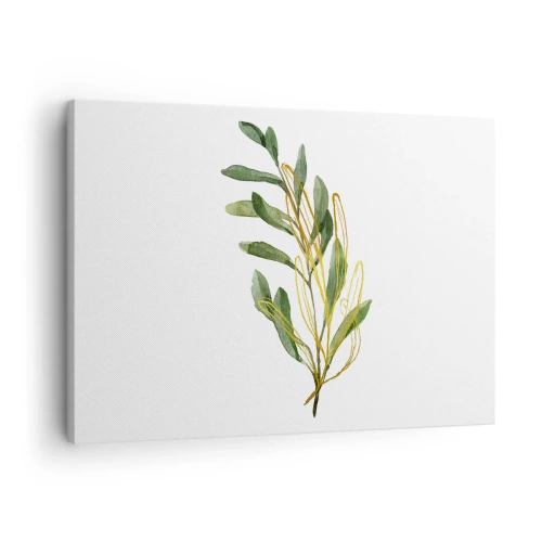 Quadro em tela - Galho verde com folhas em fundo branco - 70x50cm - Tudo que é bom - Decoração de parede moderna para a sala de estar e quarto ARTTOR