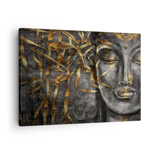 Quadro em tela - Imagem de Buda Zen com bambus dourados - 70x50cm - Sinta a paz - Decoração de parede moderna para a sala de estar e quarto ARTTOR