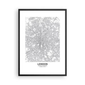 Pôster com moldura preta - Mapa preto e branco de Londres com detalhes precisos das ruas - 50x70cm - Mapa do labirinto de Londres - Decoração de parede moderna para a sala de estar e quarto ARTTOR