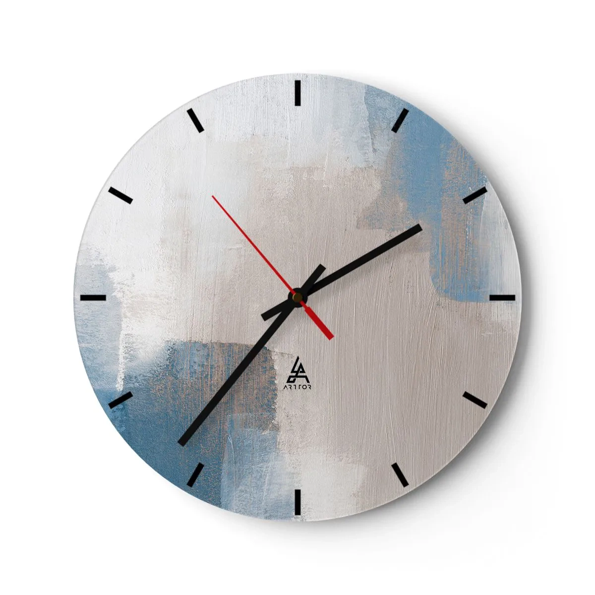 Relógio de parede - Relógio em vidro - Abstração moderna em bege, azul e cinza - 30x30cm - Abstração rosa atrás da cortina azul - Decoração de parede moderna para a sala de estar, cozinha e quarto ARTTOR