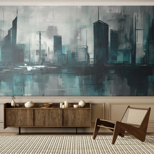 Papel de Parede Standard Eco - Um horizonte urbano moderno em cores frias e chuvosas - 100x70cm - Uma cidade da cor da chuva - Decoração de parede moderna para a sala de estar e quarto ARTTOR